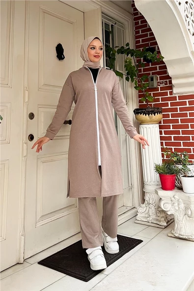 Bisiklet Yaka Fermuarlı Uzun Tunik Sade Basic Spor Takımı - 03044.016 - Vizon - 7