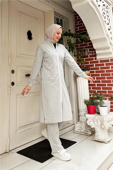 Bisiklet Yaka Fermuarlı Uzun Tunik Sade Basic Spor Takımı - 03044.008 - Gri - Resim 4