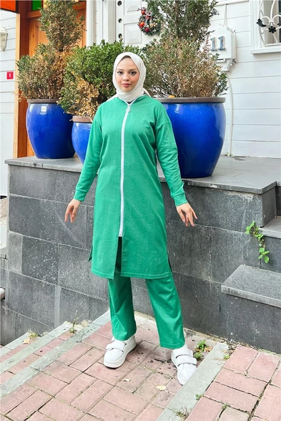 Bisiklet Yaka Fermuarlı Uzun Tunik Sade Basic Spor Takımı - 03044.111 - Beneton Yeşil - Resim 2