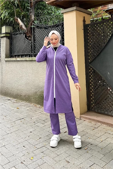 Bisiklet Yaka Fermuarlı Uzun Tunik Sade Basic Spor Takımı - 03044.207 - Koyu Lila - 2