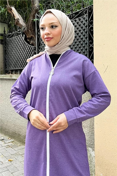 Bisiklet Yaka Fermuarlı Uzun Tunik Sade Basic Spor Takımı - 03044.207 - Koyu Lila - 4