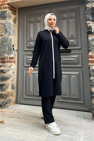 Bisiklet Yaka Fermuarlı Uzun Tunik Sade Basic Spor Takımı - 03044.003 - Siyah - Resim 3
