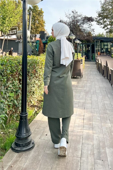 Bisiklet Yaka Fermuarlı Uzun Tunik Sade Basic Spor Takımı - 03044.005 - Haki - Resim 5