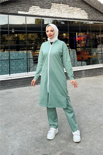 Bisiklet Yaka Fermuarlı Uzun Tunik Sade Basic Spor Takımı - 03044.100 - Çağla Yeşili - Resim 2