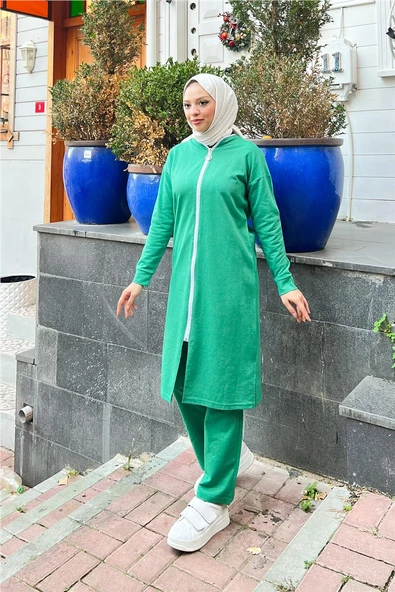 Bisiklet Yaka Fermuarlı Uzun Tunik Sade Basic Spor Takımı - 03044.111 - Beneton Yeşil - Resim 3