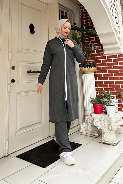Bisiklet Yaka Fermuarlı Uzun Tunik Sade Basic Spor Takımı - 03044.017 - Antrasit - Resim 3