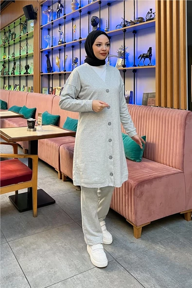 Düğmeli V Yakalı Sade Basic Eşofman Spor İkili Takım - 03051.008 - Gri ürün görseli