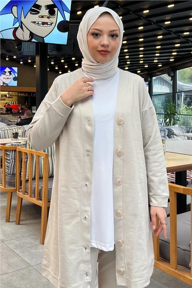 Düğmeli V Yakalı Sade Basic Eşofman Spor İkili Takım - 03051.027 - Ekru - Resim 9