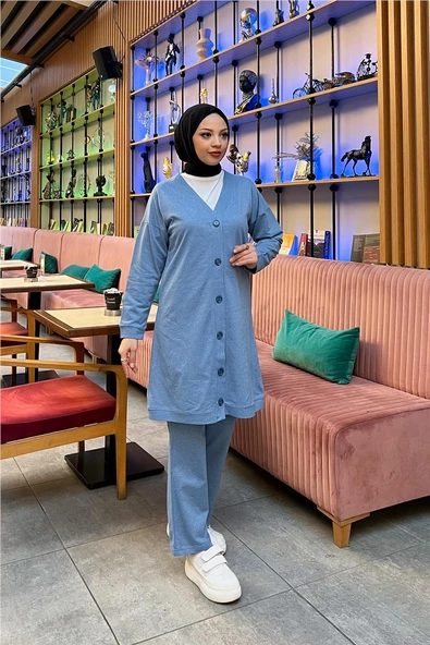 Düğmeli V Yakalı Sade Basic Eşofman Spor İkili Takım - 03051.004 - Mavi