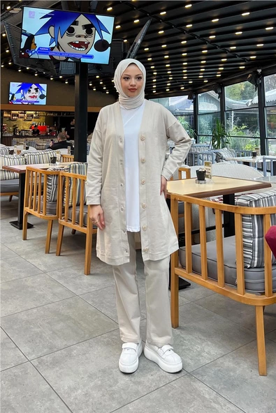 Düğmeli V Yakalı Sade Basic Eşofman Spor İkili Takım - 03051.027 - Ekru - Resim 8