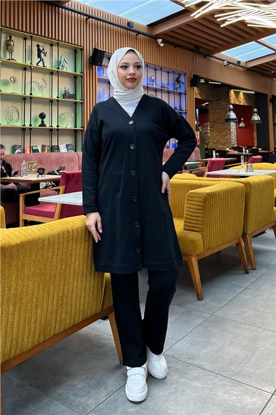 Düğmeli V Yakalı Sade Basic Eşofman Spor İkili Takım - 03051.003 - Siyah ürün görseli