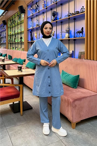 Düğmeli V Yakalı Sade Basic Eşofman Spor İkili Takım - 03051.004 - Mavi - 3