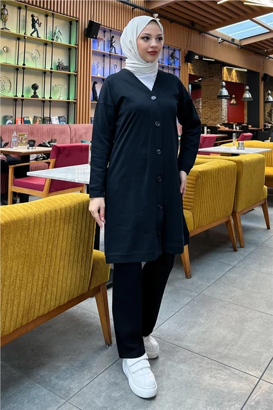 Düğmeli V Yakalı Sade Basic Eşofman Spor İkili Takım - 03051.003 - Siyah - Resim 2