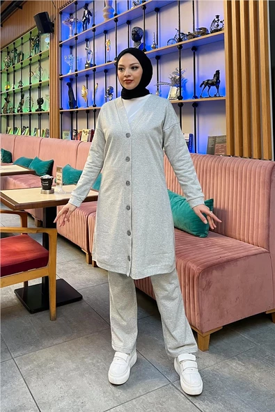 Düğmeli V Yakalı Sade Basic Eşofman Spor İkili Takım - 03051.008 - Gri - Resim 4