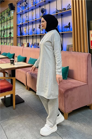 Düğmeli V Yakalı Sade Basic Eşofman Spor İkili Takım - 03051.008 - Gri - Resim 8