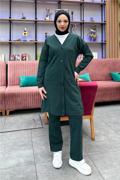 Düğmeli V Yakalı Sade Basic Eşofman Spor İkili Takım - 03051.021 - Nefti ürün görseli