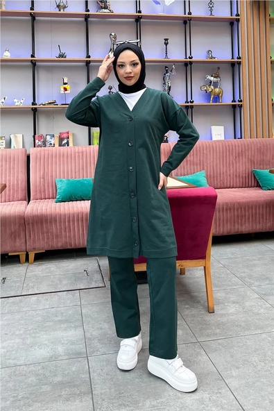 Düğmeli V Yakalı Sade Basic Eşofman Spor İkili Takım - 03051.021 - Nefti - Resim 7