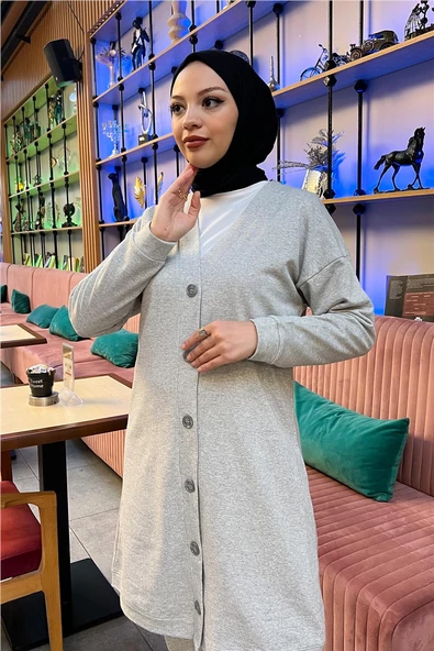 Düğmeli V Yakalı Sade Basic Eşofman Spor İkili Takım - 03051.008 - Gri - Resim 12