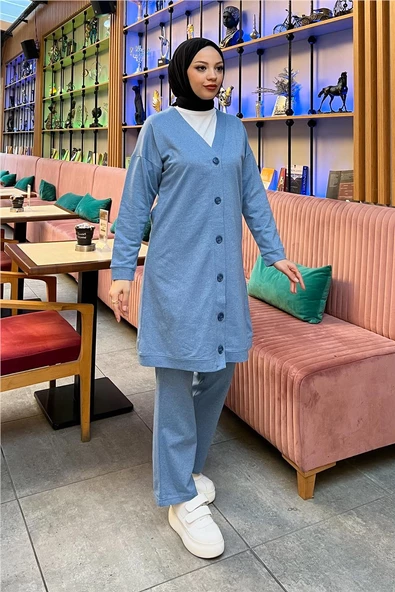 Düğmeli V Yakalı Sade Basic Eşofman Spor İkili Takım - 03051.004 - Mavi - 4