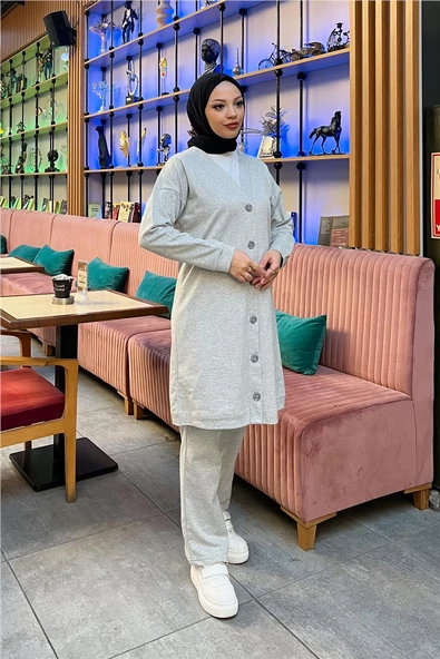 Düğmeli V Yakalı Sade Basic Eşofman Spor İkili Takım - 03051.008 - Gri - Resim 3