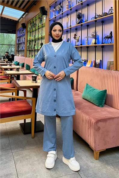 Düğmeli V Yakalı Sade Basic Eşofman Spor İkili Takım - 03051.004 - Mavi - 6