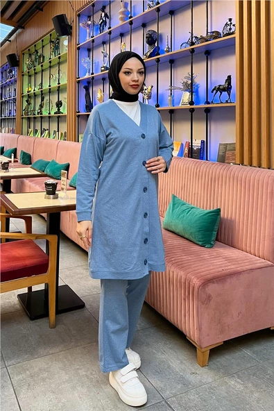 Düğmeli V Yakalı Sade Basic Eşofman Spor İkili Takım - 03051.004 - Mavi - 5