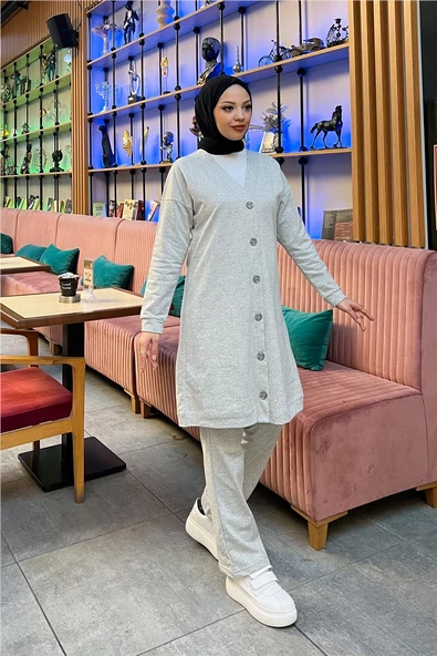 Düğmeli V Yakalı Sade Basic Eşofman Spor İkili Takım - 03051.008 - Gri - Resim 6