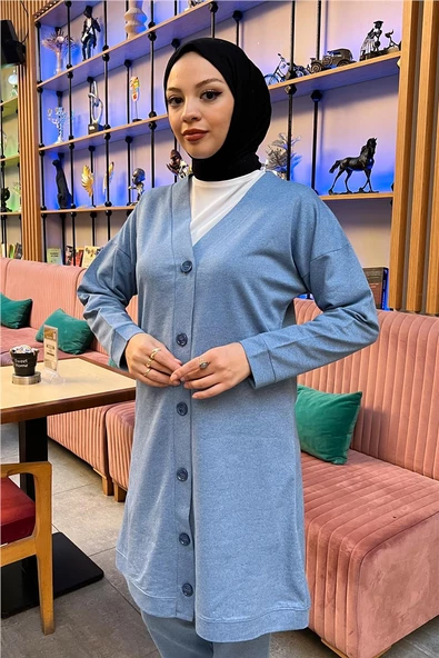 Düğmeli V Yakalı Sade Basic Eşofman Spor İkili Takım - 03051.004 - Mavi - 7