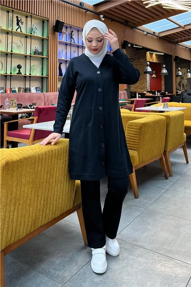 Düğmeli V Yakalı Sade Basic Eşofman Spor İkili Takım - 03051.003 - Siyah - Resim 4