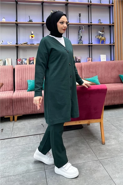 Düğmeli V Yakalı Sade Basic Eşofman Spor İkili Takım - 03051.021 - Nefti - Resim 2