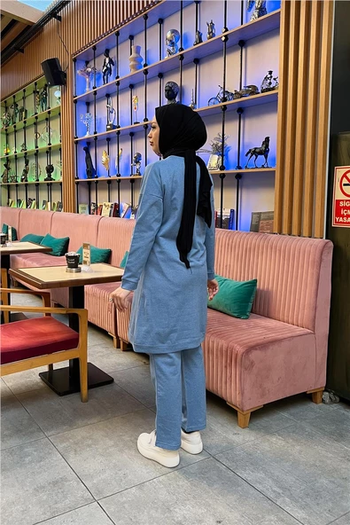 Düğmeli V Yakalı Sade Basic Eşofman Spor İkili Takım - 03051.004 - Mavi - 8