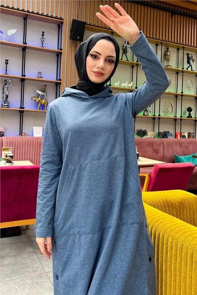 Kapşonlu Yandat Çıtçıtlı Sade Basic Uzun Tunik ve Pantolon İkili Spor Takım - 03071.006 - İndigo - 10