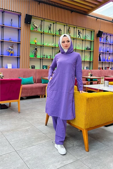 Kapşonlu Yandat Çıtçıtlı Sade Basic Uzun Tunik ve Pantolon İkili Spor Takım - 03071.207 - Koyu Lila - 12