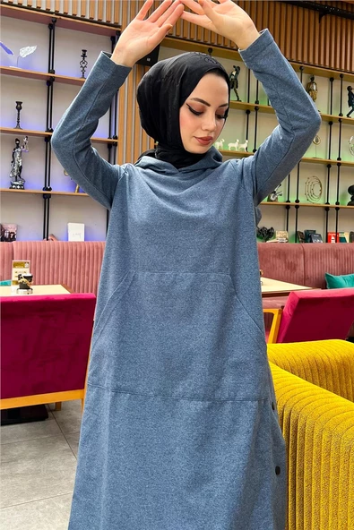 Kapşonlu Yandat Çıtçıtlı Sade Basic Uzun Tunik ve Pantolon İkili Spor Takım - 03071.006 - İndigo - 11