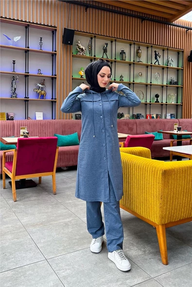 Kapşonlu Düğmeli Sade Basic Uzun Tunik ve Pantolon İkili Spor Takım - 03072.006 - İndigo - Resim 7