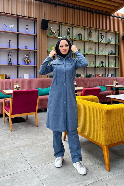 Kapşonlu Düğmeli Sade Basic Uzun Tunik ve Pantolon İkili Spor Takım - 03072.006 - İndigo - Resim 10