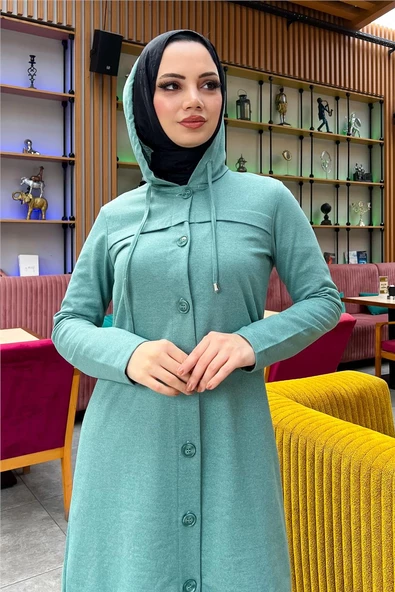 Kapşonlu Düğmeli Sade Basic Uzun Tunik ve Pantolon İkili Spor Takım - 03072.100 - Çağla Yeşili - Resim 12