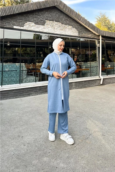 Bisiklet Yaka Fermuarlı Uzun Tunik Sade Basic Spor Takımı - 03044.006 - İndigo - 2