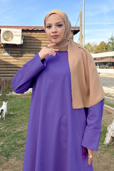 O Yaka Yırtmançlı Uzun Geniş Rahat Tunik Pantolon Sade Basic Spor Takımı - 03040.207 - Koyu Lila - 2