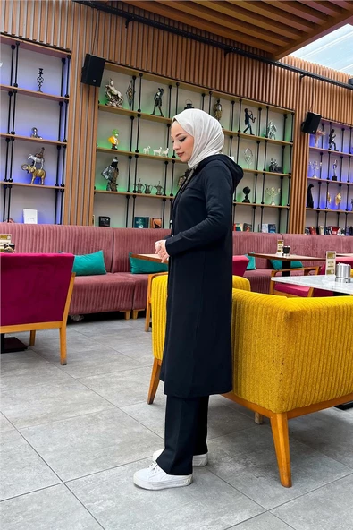 Kapşonlu Düğmeli Sade Basic Uzun Tunik ve Pantolon İkili Spor Takım - 03072.003 - Siyah - 9