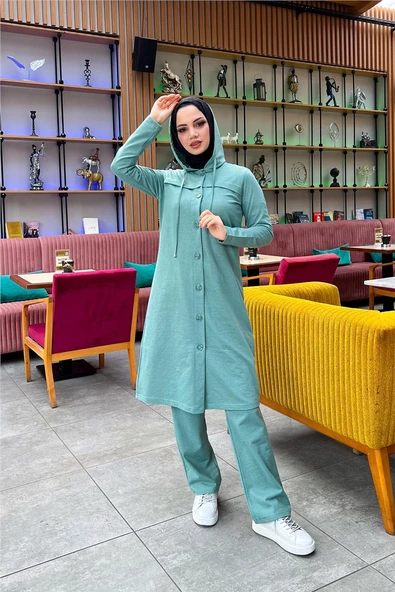 Kapşonlu Düğmeli Sade Basic Uzun Tunik ve Pantolon İkili Spor Takım - 03072.100 - Çağla Yeşili - Resim 11