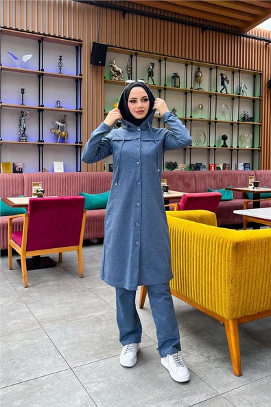 Kapşonlu Düğmeli Sade Basic Uzun Tunik ve Pantolon İkili Spor Takım - 03072.006 - İndigo - Resim 9