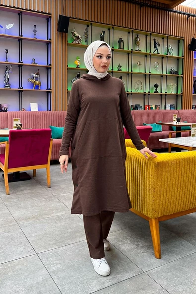 Kapşonlu Yandat Çıtçıtlı Sade Basic Uzun Tunik ve Pantolon İkili Spor Takım - 03071.028 - Kahverengi - 12