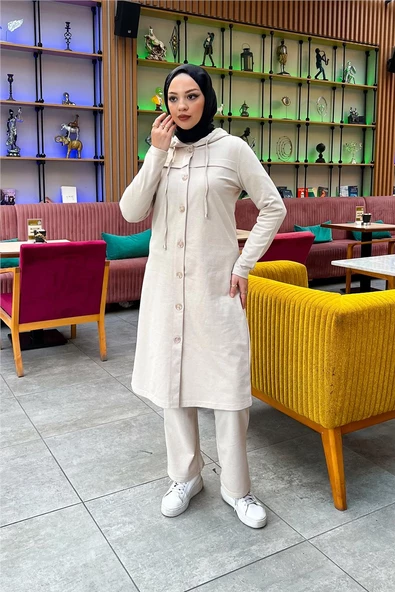 Kapşonlu Düğmeli Sade Basic Uzun Tunik ve Pantolon İkili Spor Takım - 03072.027 - Ekru - Resim 10