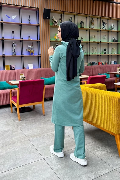 Kapşonlu Düğmeli Sade Basic Uzun Tunik ve Pantolon İkili Spor Takım - 03072.100 - Çağla Yeşili - Resim 8