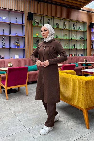 Kapşonlu Düğmeli Sade Basic Uzun Tunik ve Pantolon İkili Spor Takım - 03072.028 - Kahverengi - Resim 5