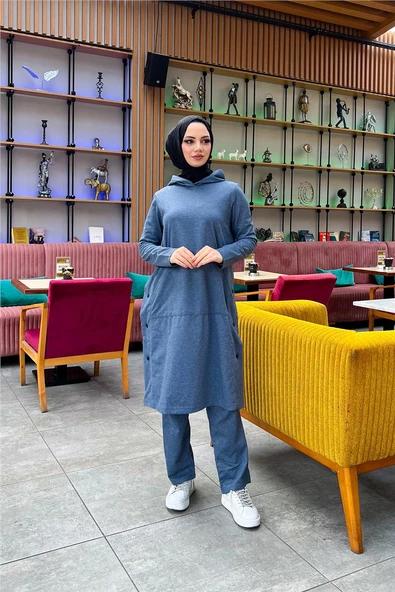 Kapşonlu Yandat Çıtçıtlı Sade Basic Uzun Tunik ve Pantolon İkili Spor Takım - 03071.006 - İndigo - 5