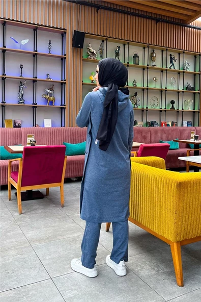 Kapşonlu Yandat Çıtçıtlı Sade Basic Uzun Tunik ve Pantolon İkili Spor Takım - 03071.006 - İndigo - 6