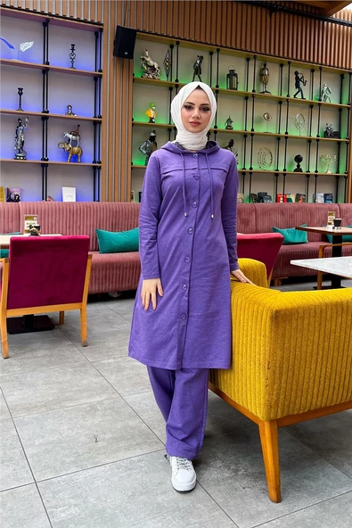 Kapşonlu Düğmeli Sade Basic Uzun Tunik ve Pantolon İkili Spor Takım - 03072.207 - Koyu Lila - 6