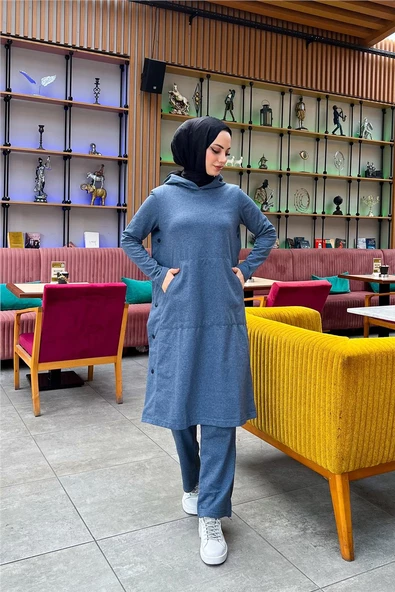Kapşonlu Yandat Çıtçıtlı Sade Basic Uzun Tunik ve Pantolon İkili Spor Takım - 03071.006 - İndigo - 8